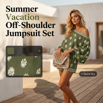 👗 50% OFF NOW! ✨ Bohemian Off-Shoulder Jumpsuit – Printed, elastic waist & side pockets – Flowy, breathable – perfect for beach, festivals or summer travel 🌺