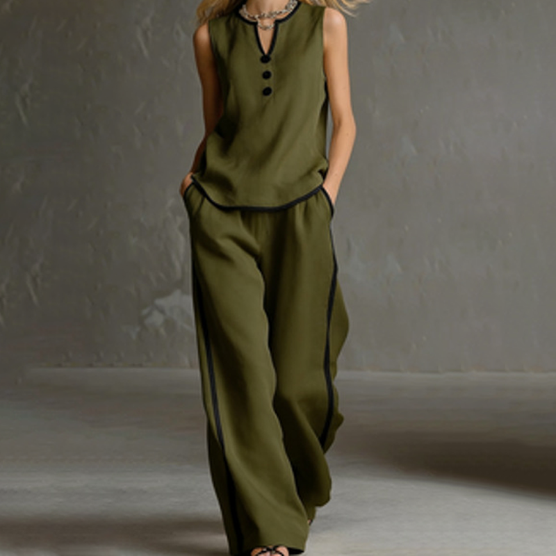 ✨New Arrivals & Best Sellers👖Women's Contrast Trim Sleeveless Top & Wide-Leg Pants Set Elegant 2 Piece Matching Outfit Daily Vacation Casual Wear