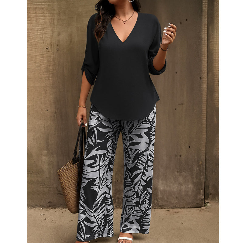 ⏳Time-Limited Special⏰Women's V-Neck Blouse & Printed Wide-Leg Pants Set