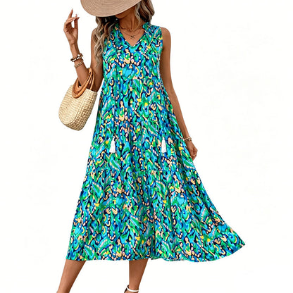 🔥Limited-time offer-Women's Sleeveless Abstract Print Tiered Midi Dress