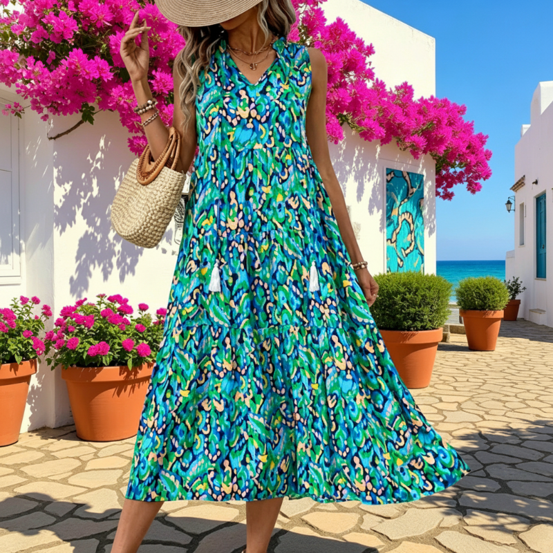 🔥Limited-time offer-Women's Sleeveless Abstract Print Tiered Midi Dress