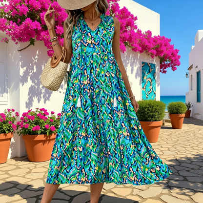 🔥Limited-time offer-Women's Sleeveless Abstract Print Tiered Midi Dress