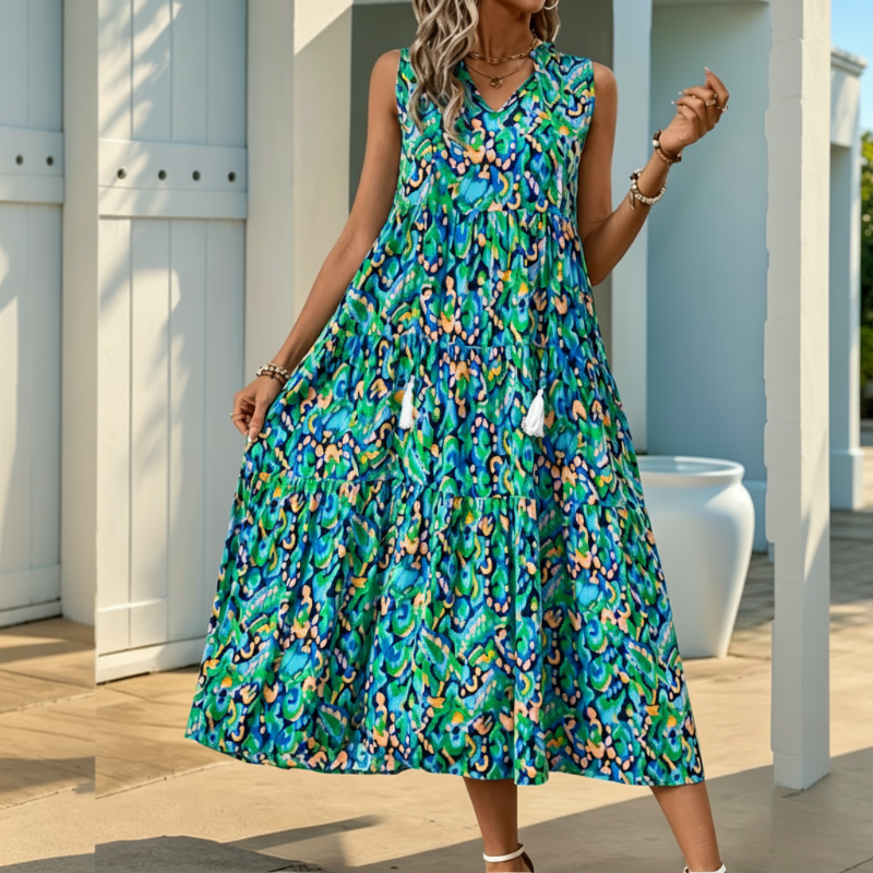 🔥Limited-time offer-Women's Sleeveless Abstract Print Tiered Midi Dress
