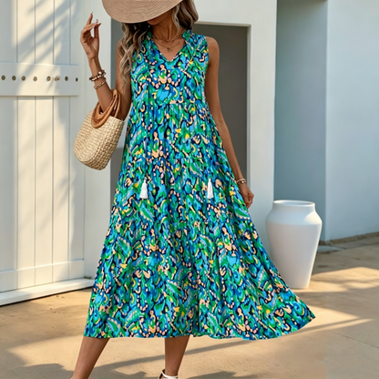 🔥Limited-time offer-Women's Sleeveless Abstract Print Tiered Midi Dress