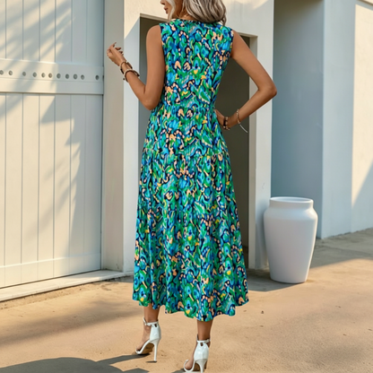 🔥Limited-time offer-Women's Sleeveless Abstract Print Tiered Midi Dress