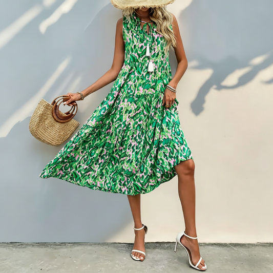🔥Limited-time offer-Women's Sleeveless Abstract Print Tiered Midi Dress