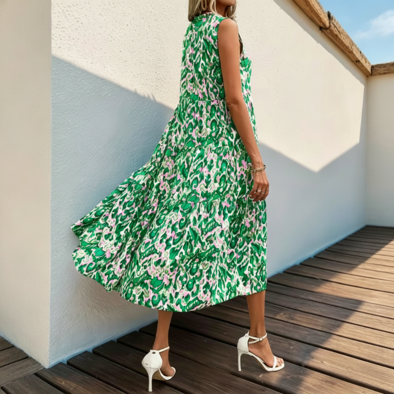 🔥Limited-time offer-Women's Sleeveless Abstract Print Tiered Midi Dress