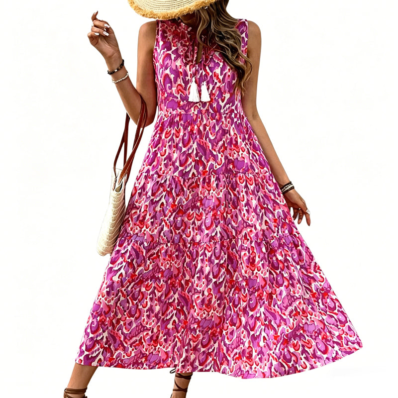 🔥Limited-time offer-Women's Sleeveless Abstract Print Tiered Midi Dress