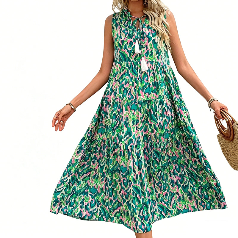 🔥Limited-time offer-Women's Sleeveless Abstract Print Tiered Midi Dress