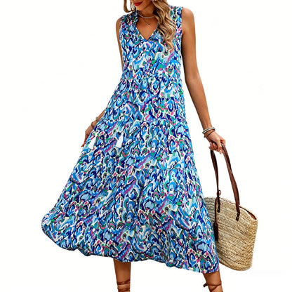 🔥Limited-time offer-Women's Sleeveless Abstract Print Tiered Midi Dress