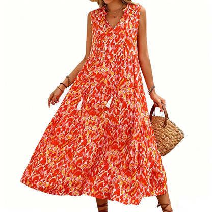 🔥Limited-time offer-Women's Sleeveless Abstract Print Tiered Midi Dress