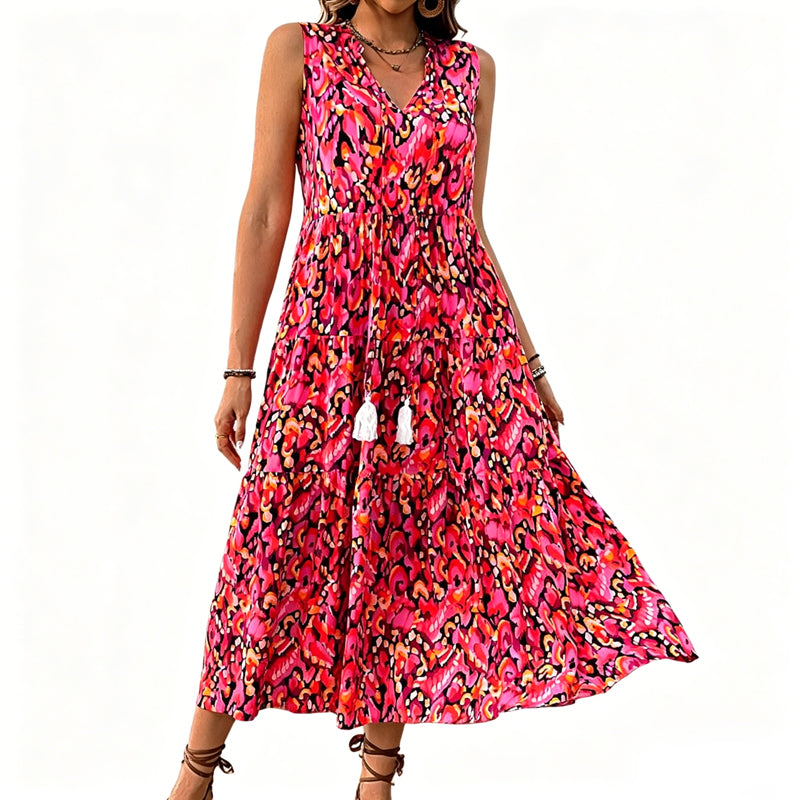 🔥Limited-time offer-Women's Sleeveless Abstract Print Tiered Midi Dress