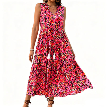 🔥Limited-time offer-Women's Sleeveless Abstract Print Tiered Midi Dress