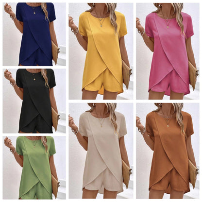 📢📢35% OFF !! ⏰Women's Solid Color Irregular Top & Shorts Two Piece Set