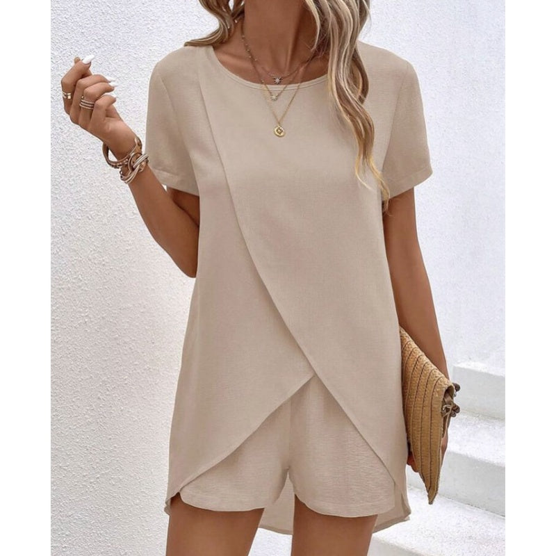 📢📢35% OFF !! ⏰Women's Solid Color Irregular Top & Shorts Two Piece Set