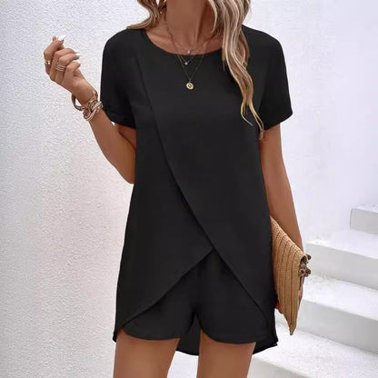 📢📢35% OFF !! ⏰Women's Solid Color Irregular Top & Shorts Two Piece Set