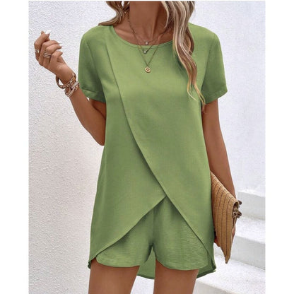 📢📢35% OFF !! ⏰Women's Solid Color Irregular Top & Shorts Two Piece Set