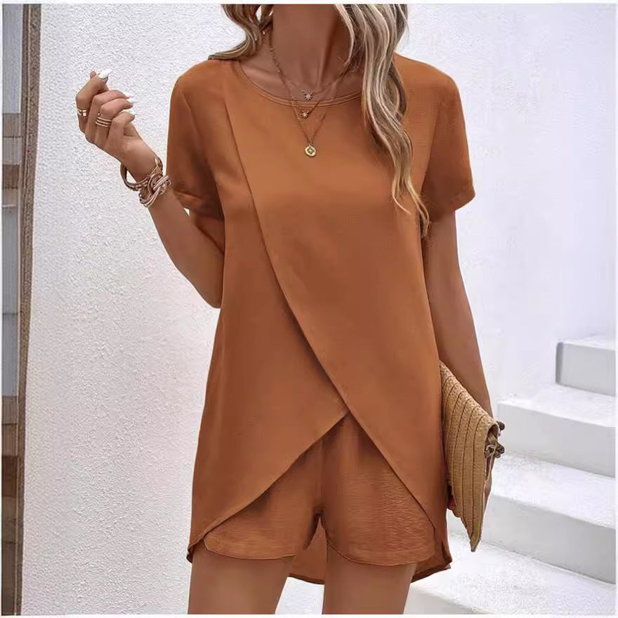 📢📢35% OFF !! ⏰Women's Solid Color Irregular Top & Shorts Two Piece Set