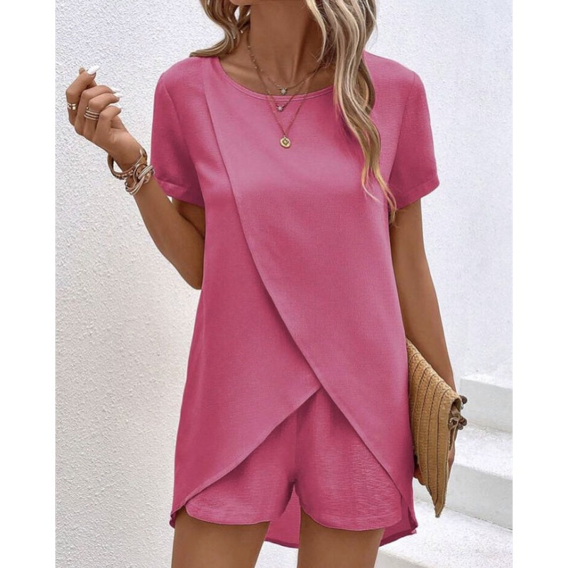 📢📢35% OFF !! ⏰Women's Solid Color Irregular Top & Shorts Two Piece Set