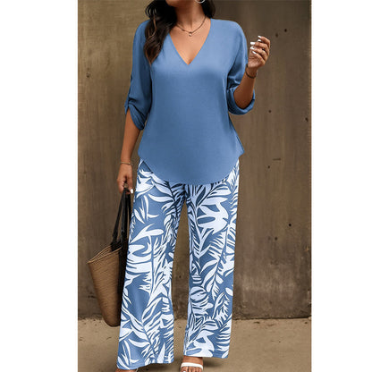 📢📢50% OFF !! ⏰Women's V-Neck Blouse & Printed Wide-Leg Pants Set