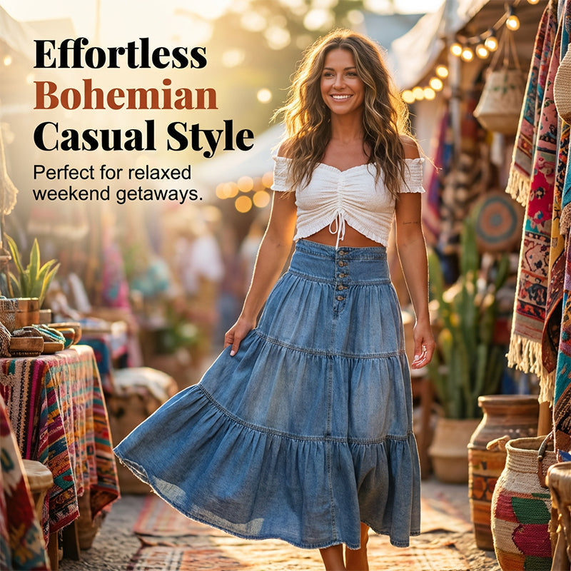 👖 Vintage Denim Flow | Women's High-Waisted Tiered A-Line Button-Front Maxi Skirt