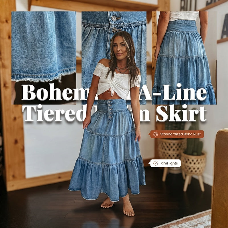 👖 Vintage Denim Flow | Women's High-Waisted Tiered A-Line Button-Front Maxi Skirt
