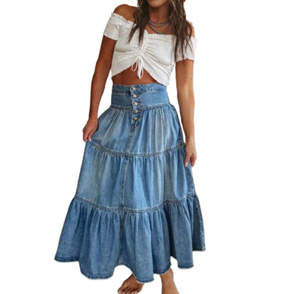👖 Vintage Denim Flow | Women's High-Waisted Tiered A-Line Button-Front Maxi Skirt