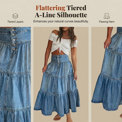 👖 Vintage Denim Flow | Women's High-Waisted Tiered A-Line Button-Front Maxi Skirt