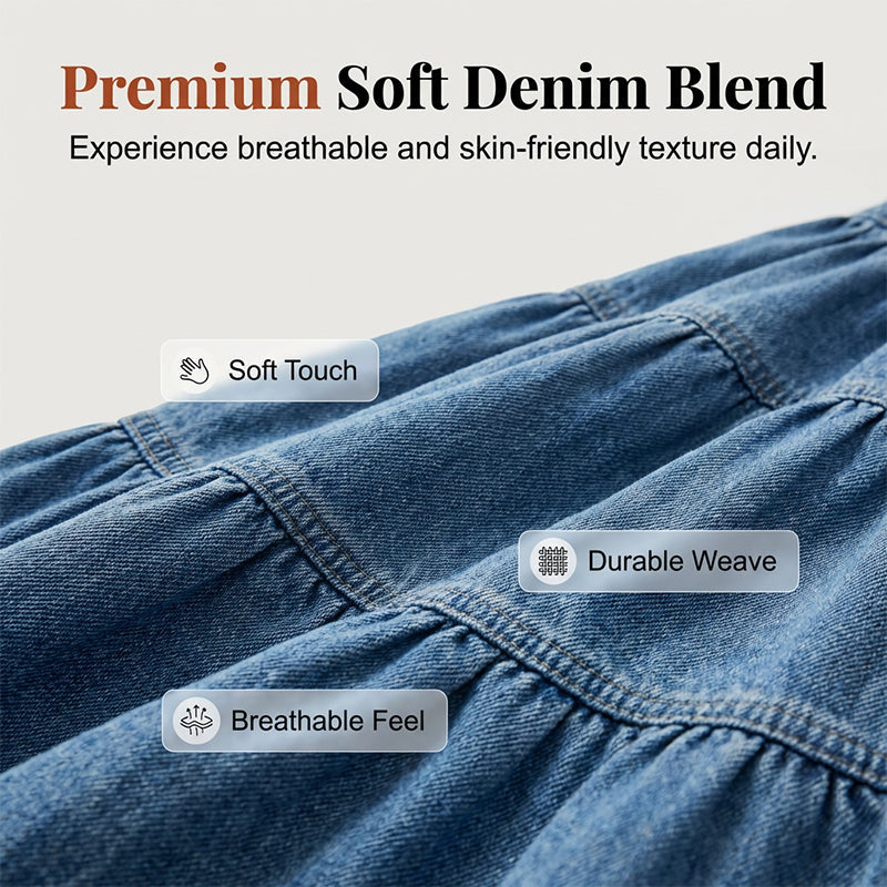 👖 Vintage Denim Flow | Women's High-Waisted Tiered A-Line Button-Front Maxi Skirt