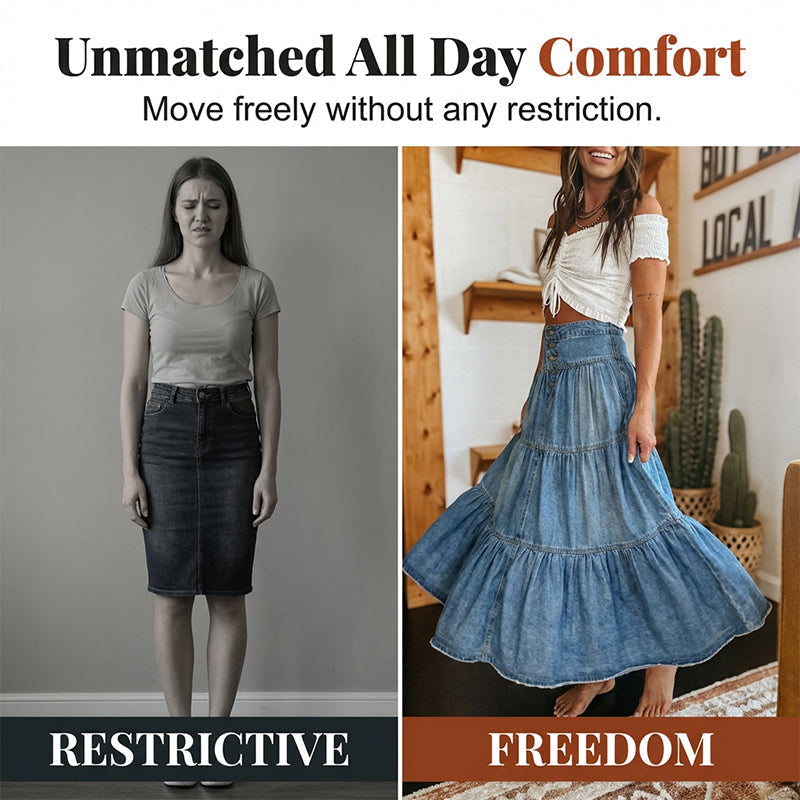 👖 Vintage Denim Flow | Women's High-Waisted Tiered A-Line Button-Front Maxi Skirt
