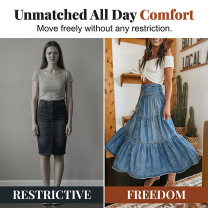 👖 Vintage Denim Flow | Women's High-Waisted Tiered A-Line Button-Front Maxi Skirt
