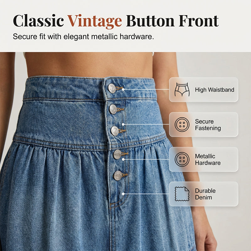 👖 Vintage Denim Flow | Women's High-Waisted Tiered A-Line Button-Front Maxi Skirt