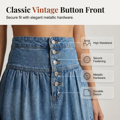 👖 Vintage Denim Flow | Women's High-Waisted Tiered A-Line Button-Front Maxi Skirt