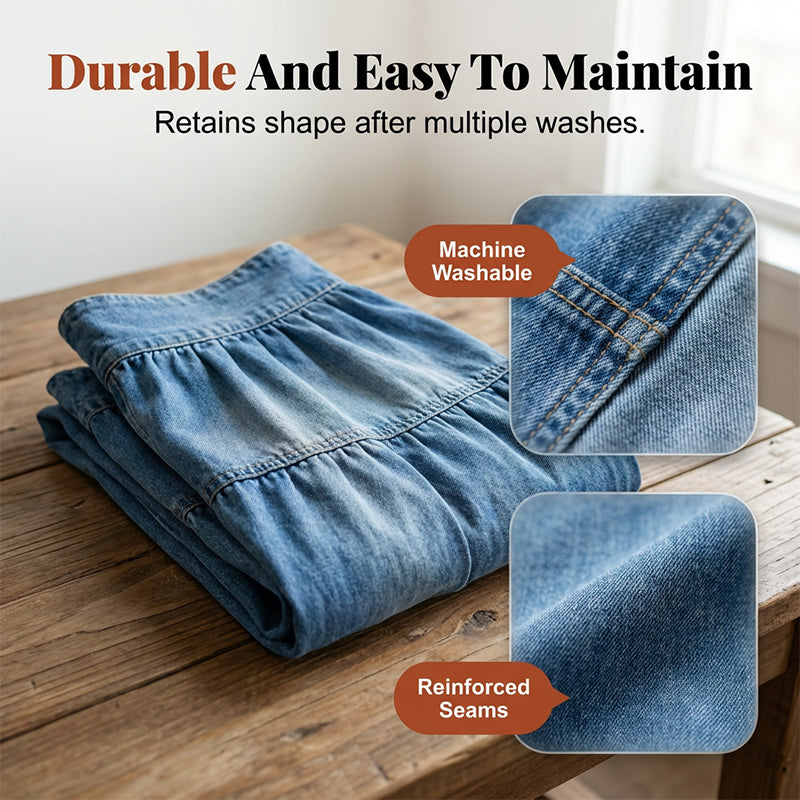 👖 Vintage Denim Flow | Women's High-Waisted Tiered A-Line Button-Front Maxi Skirt