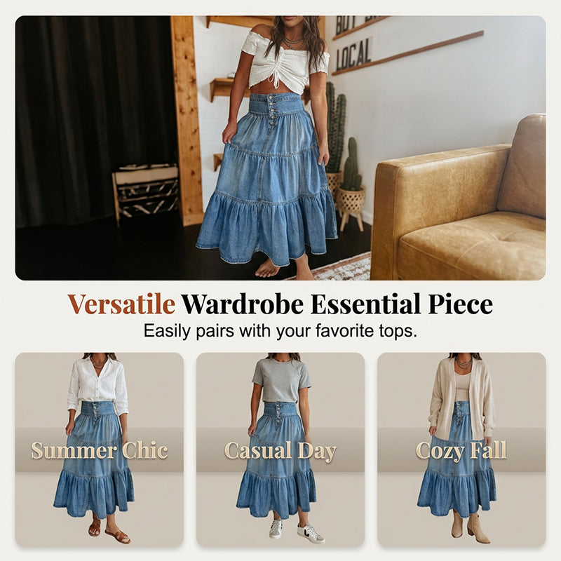 👖 Vintage Denim Flow | Women's High-Waisted Tiered A-Line Button-Front Maxi Skirt