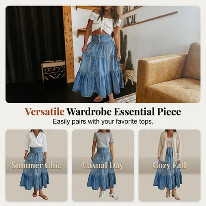 👖 Vintage Denim Flow | Women's High-Waisted Tiered A-Line Button-Front Maxi Skirt