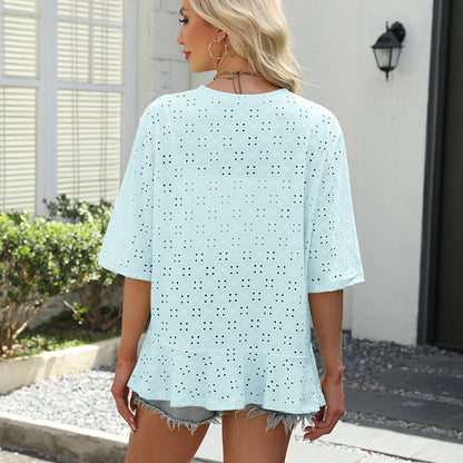 📢📢40% OFF !! ⏰Women's Half Sleeve Eyelet Knit Ruffle Cardigan