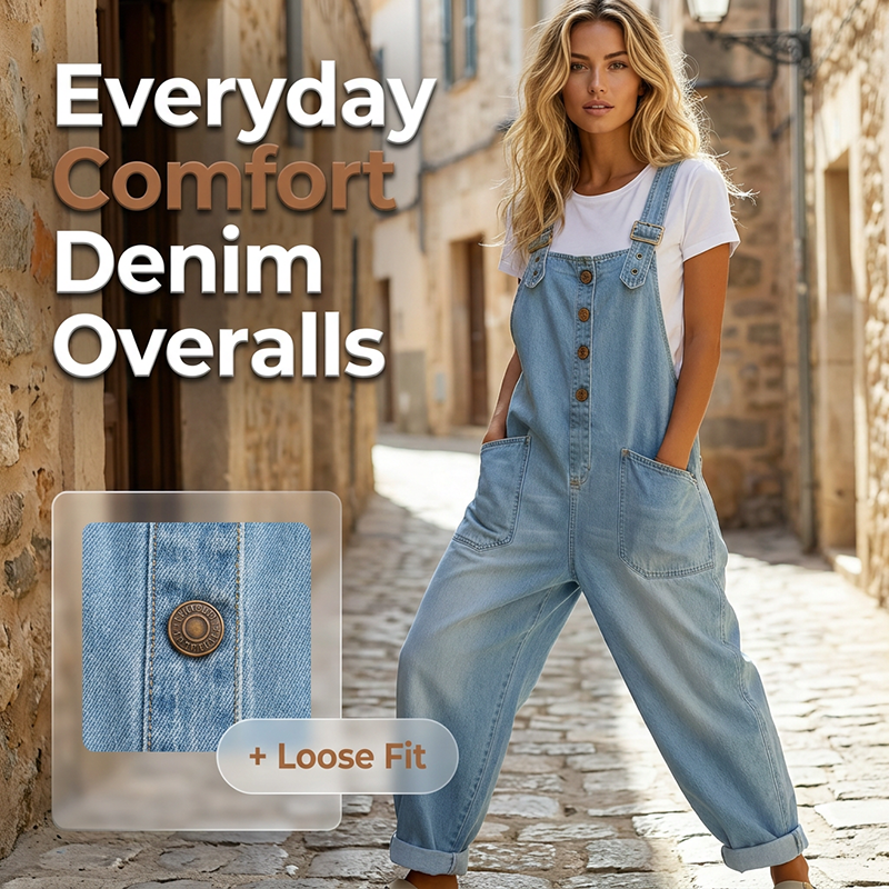 ✨ Easy Everyday Comfort | Women's Relaxed-Fit Denim Overalls with Deep Pockets