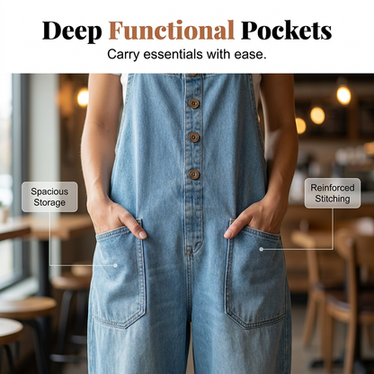 ✨ Easy Everyday Comfort | Women's Relaxed-Fit Denim Overalls with Deep Pockets