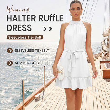 📢📢50% off new arrivals-Sleeveless Halter Neck Ruffle Hem Dress