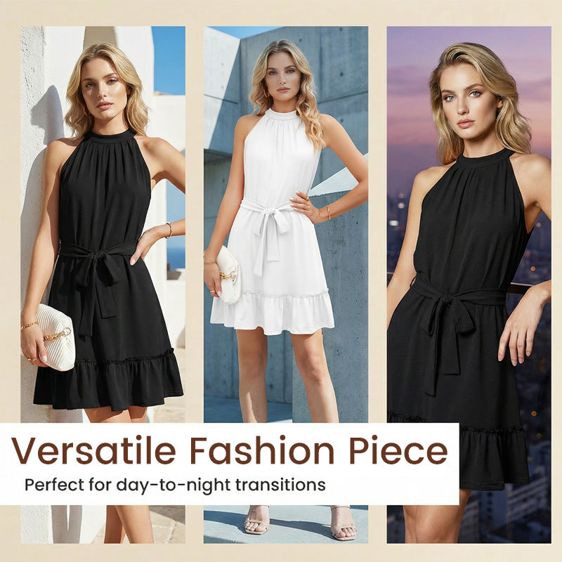 📢📢50% off new arrivals-Sleeveless Halter Neck Ruffle Hem Dress