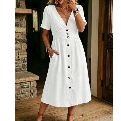 🌸 Effortless Summer Chic – Women's Summer V-Neck Button-Down Dress☀️