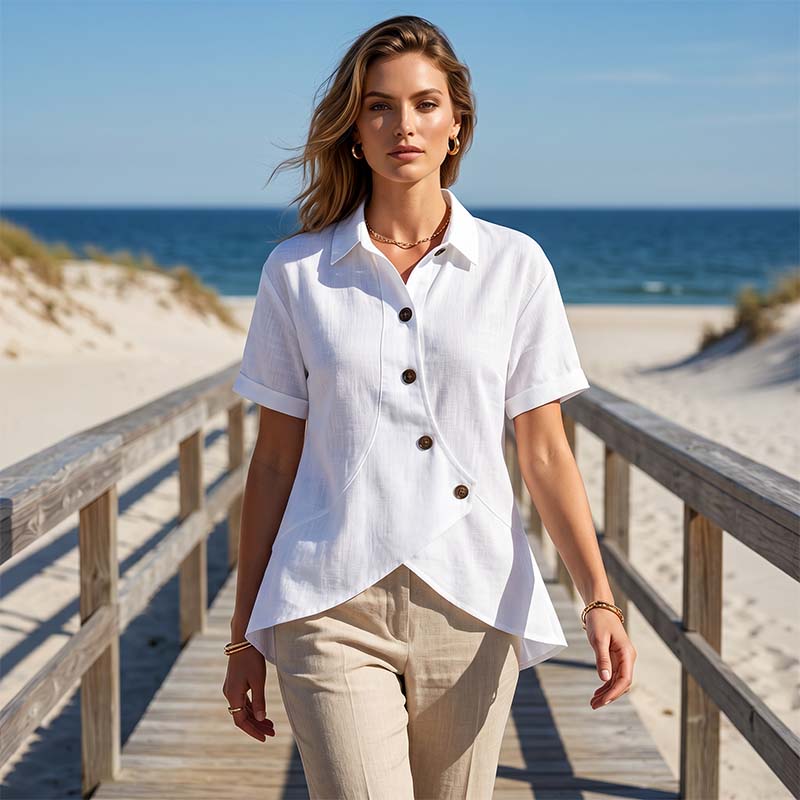 📢📢50% off new arrivals-Women's Asymmetrical Button-Up Short Sleeve Shirt
