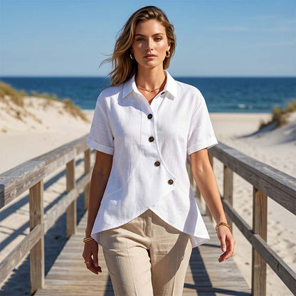 📢📢50% off new arrivals-Women's Asymmetrical Button-Up Short Sleeve Shirt