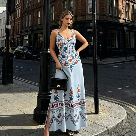🔥New Arrivals & Special Offers-Sleeveless V-Neck Floral Print Slit Dress