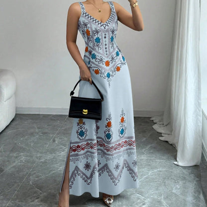 🔥New Arrivals & Special Offers-Sleeveless V-Neck Floral Print Slit Dress