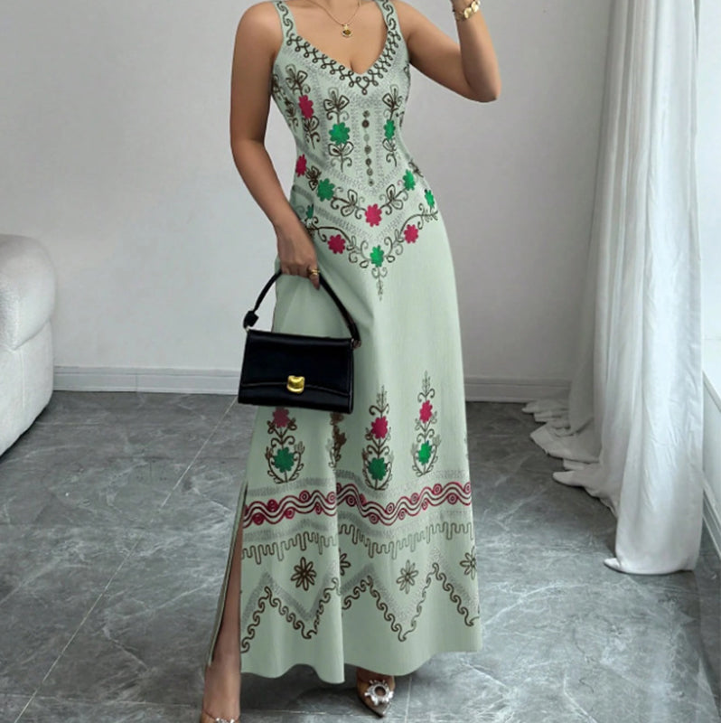 🔥New Arrivals & Special Offers-Sleeveless V-Neck Floral Print Slit Dress