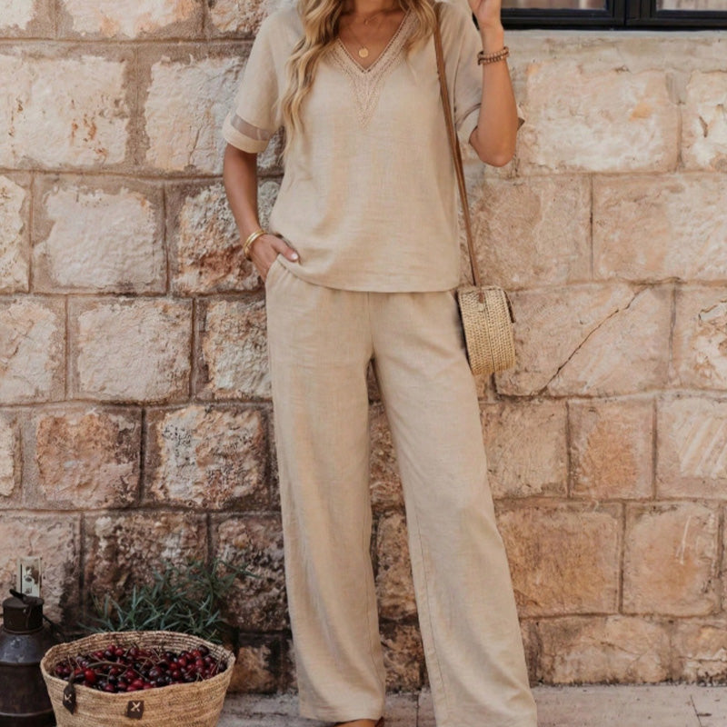 🔥New Arrivals & Special Offers-Elegant V-Neck Top & Wide-Leg Pants Set