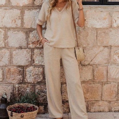 🔥New Arrivals & Special Offers-Elegant V-Neck Top & Wide-Leg Pants Set