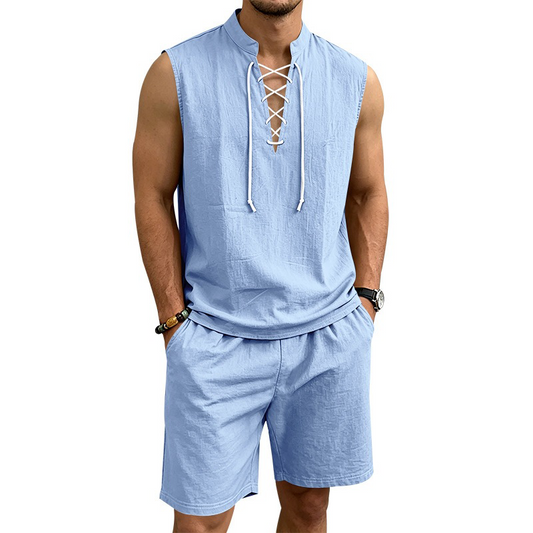 🌴 50% OFF NOW!👕 Men's Linen Sleeveless Set – Top & Shorts with Lace-Up Design – Summer Essential 🌊